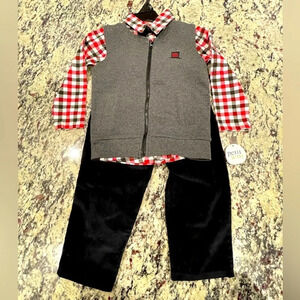 NWT Petit Lem SZ24M Set Plaid Shirt Sweater Zip Vest Corduroy Black Pant Bow Tie